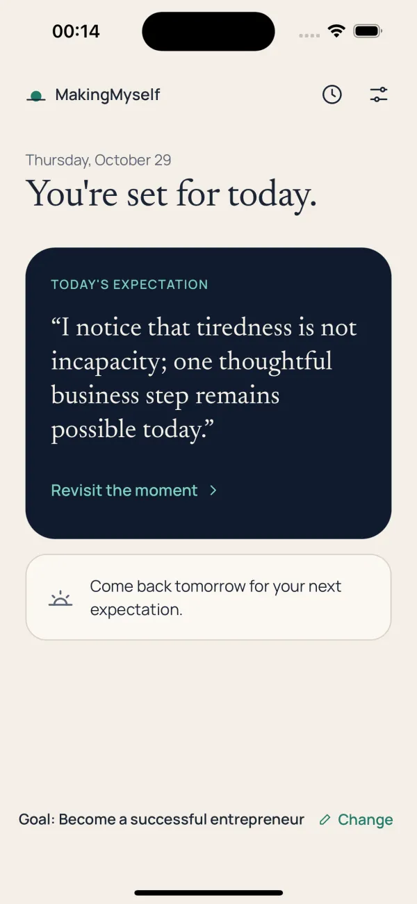MakingMyself home screen showing today's expectation for the goal 